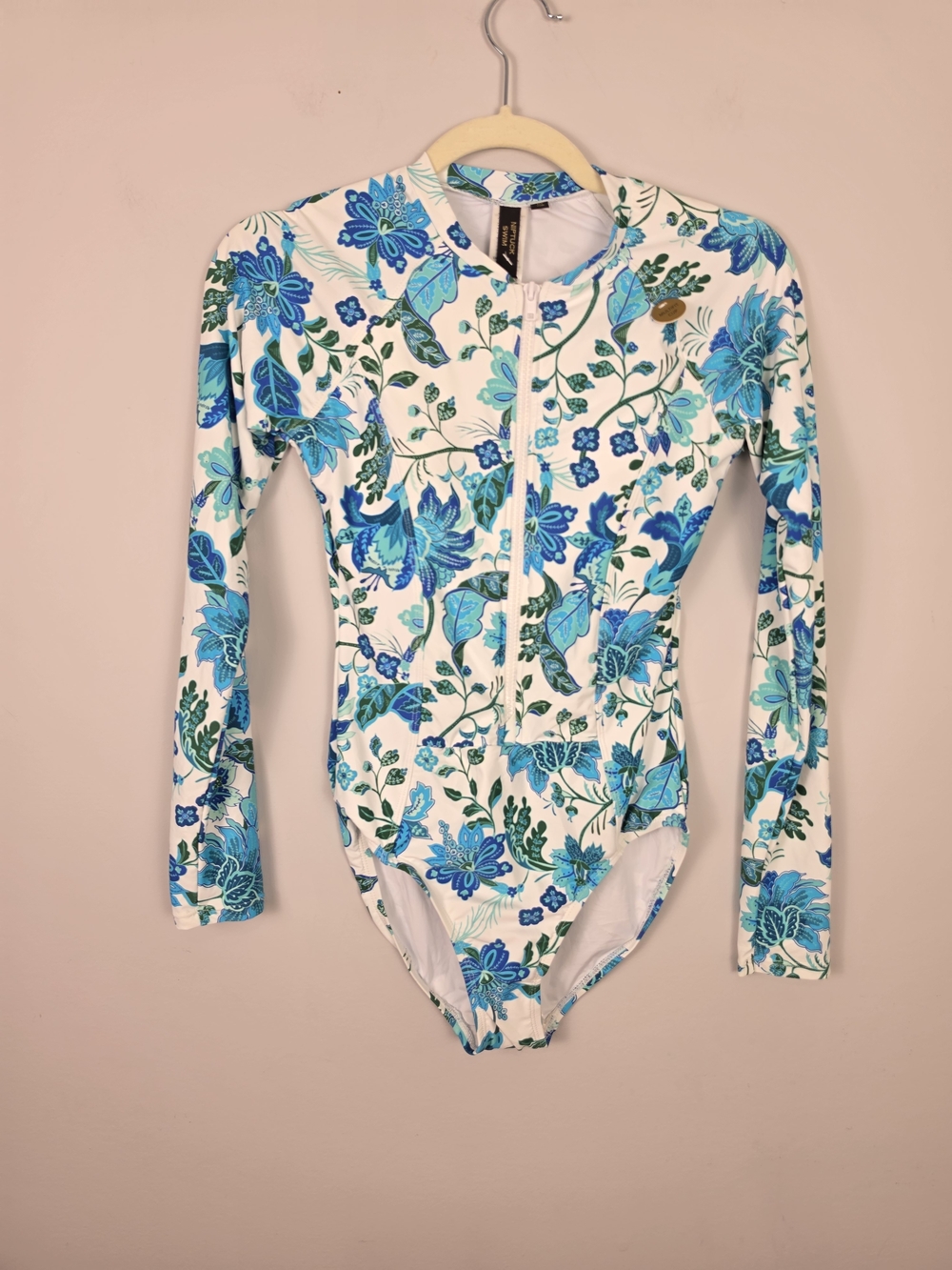 Niptuck Swim Long Sleeve Zip One-Piece Swimsuit White Blue Floral UPF 50+ US 4